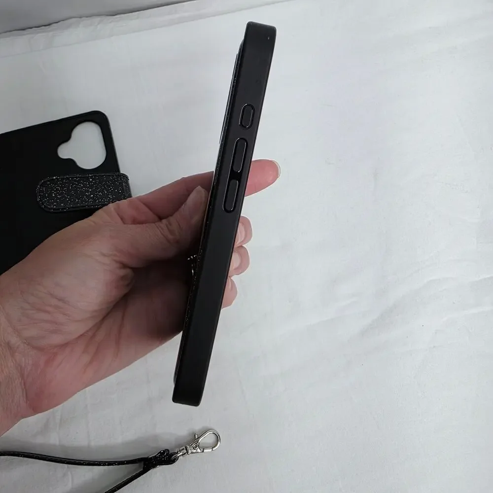 iPhone 16 Pro Black Glitter Phone Case With  Detachable Wallet with Card Holder